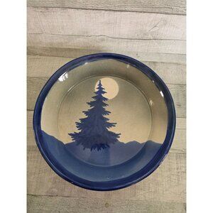 Handcrafted Stoneware Blue White Pie Dish Serving Bowl Tree & Moon Design